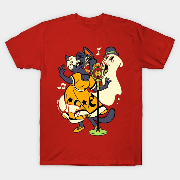Halloween Black Cat & Ghost Singing T-Shirt by CTKR Studio
